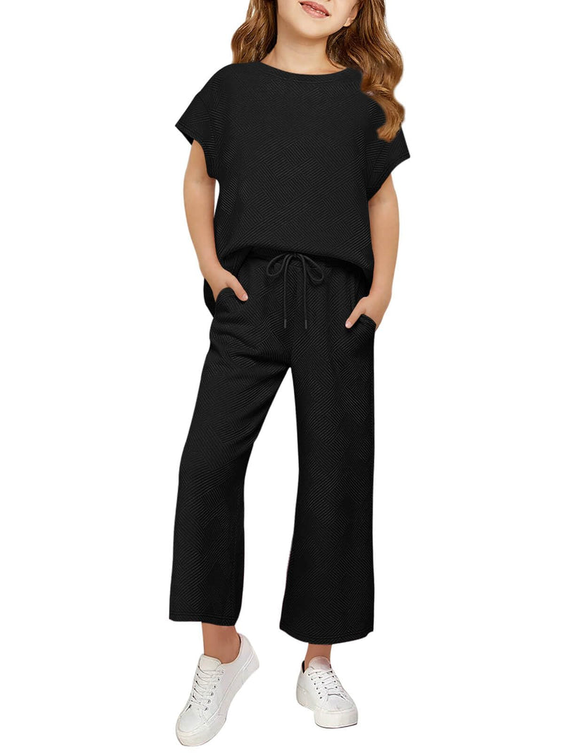 Haloumoning Girls Clothing Sets Kids Fashion Short Sleeve Crew Neck Tops Wide Leg Pants Sweatsuit with Pocket 5-14Y