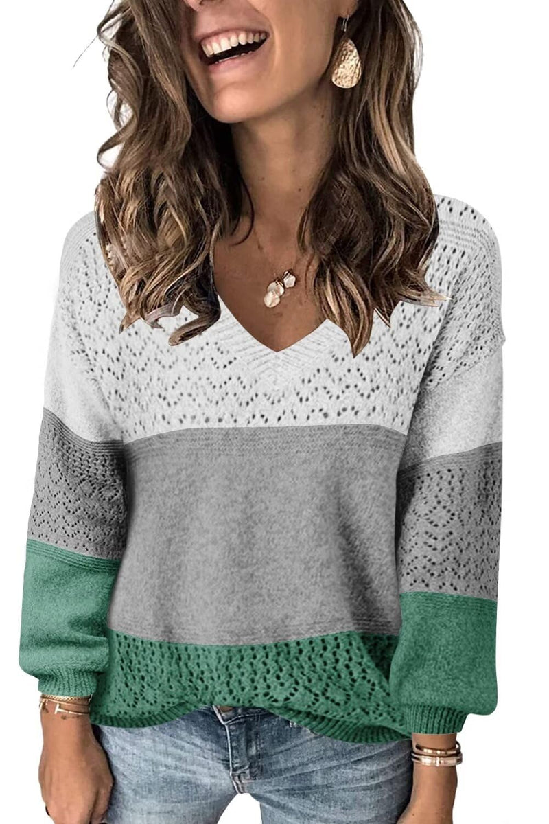 FEKOAFE 2024 Womens Fashion V Neck Hollow Out Knitted Sweaters Cute Long Sleeve Chunky Winter Color Block Sweaters for Women Grey Green X-Large