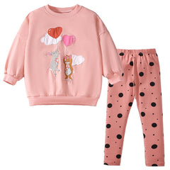 HILEELANG Toddler Girl Fall Outfits Clothing Pants Set Pink Animals Applique Sweatshirt Cotton Dots Leggings Playwear Sets 2pc 3T