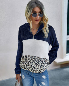 Leopard Print Contrast Stitching Plush Sweater