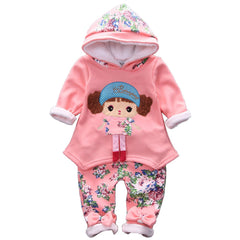Spring Autumn Winter Little Baby Girls Clothing Set Warm Velvet Hoodie and Pants (12-18Months Pink)