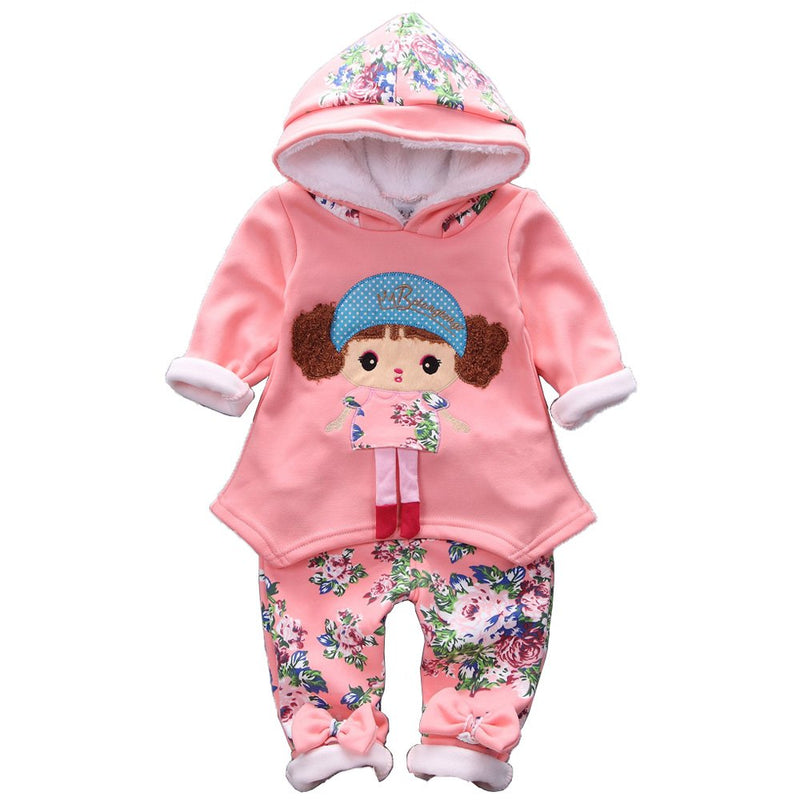 Spring Autumn Winter Little Baby Girls Clothing Set Warm Velvet Hoodie and Pants (12-18Months Pink)