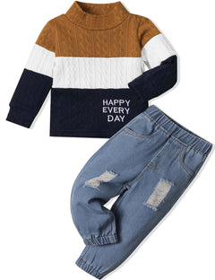 mksodopy Toddler Boy Clothes Color Block Sweater Jeans Toddler Boy Fall Winter Outifts Toddler Boy Clothing Set