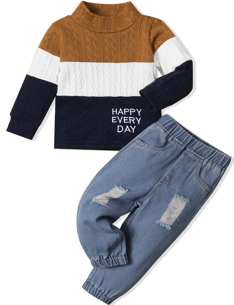 mksodopy Toddler Boy Clothes Color Block Sweater Jeans Toddler Boy Fall Winter Outifts Toddler Boy Clothing Set