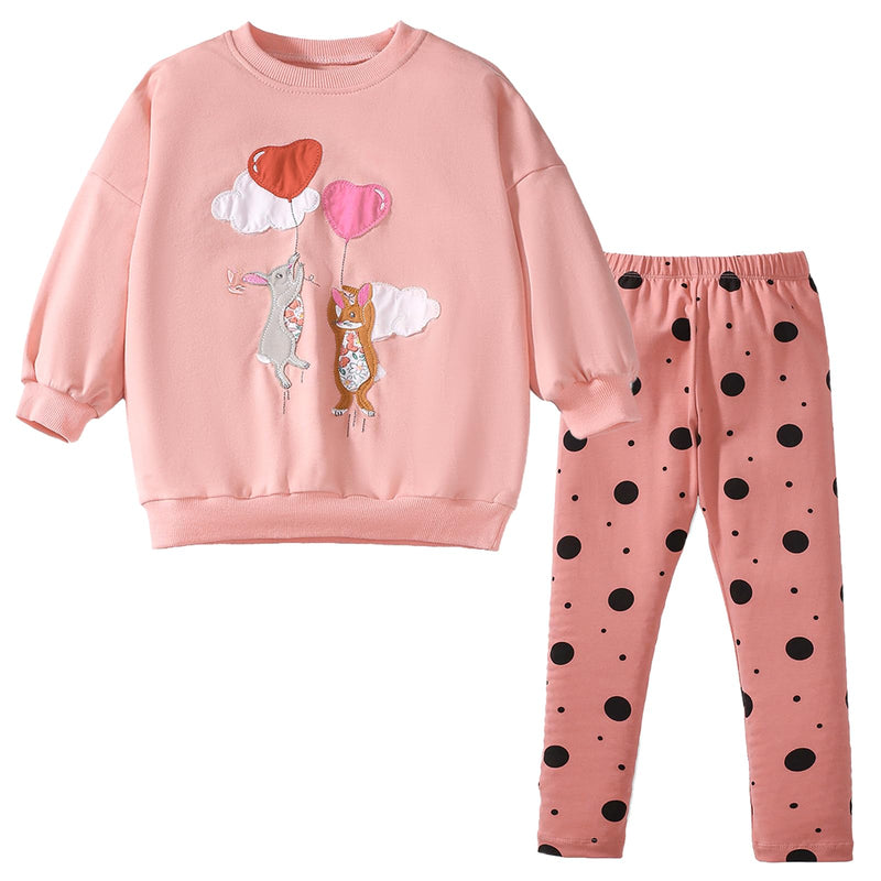 HILEELANG Toddler Girl Fall Outfits Clothing Pants Set Pink Animals Applique Sweatshirt Cotton Dots Leggings Playwear Sets 2pc 3T
