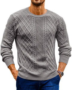 Runcati Mens Cable Knit Pullover Sweater Casual Crewneck Fisherman Ribbed Winter Thermal Sweaters Gray