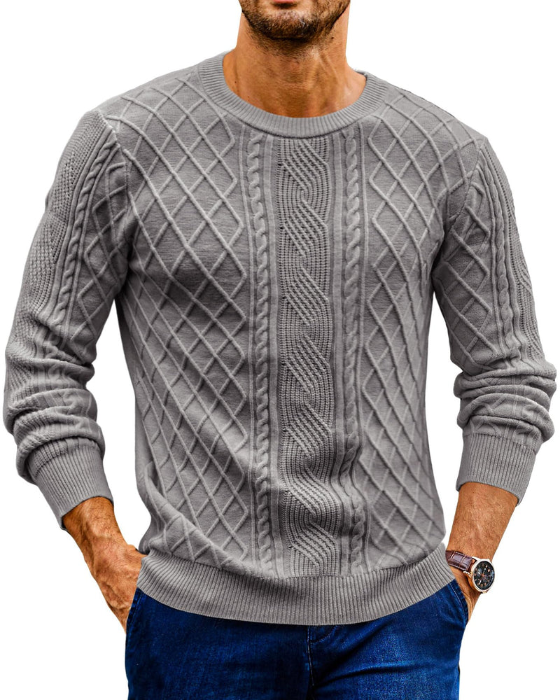 Runcati Mens Cable Knit Pullover Sweater Casual Crewneck Fisherman Ribbed Winter Thermal Sweaters Gray