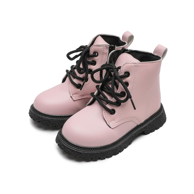Komfyea Autumn Leather Combat Zipper Lace Up Boots （Toddler/Little Kids） Children Winter Ankle Boots Com6650Pink29