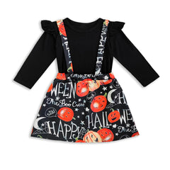 Remimi Halloween Baby Girl Clothing Set Cotton Flutter Sleeve Shirt Suspender Jack O Lantern Pumpkin Dress 3-4T