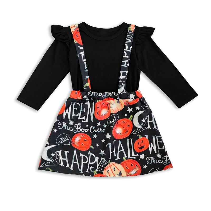 Remimi Halloween Baby Girl Clothing Set Cotton Flutter Sleeve Shirt Suspender Jack O Lantern Pumpkin Dress 3-4T