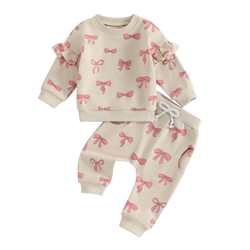 ZAXARRA Newborn Toddler Baby Girl Fall Winter Outfits Daisy Print Sweatshirts Tops Pants Cute Bow Headband Clothing Sets (Beige 6-12 Months)