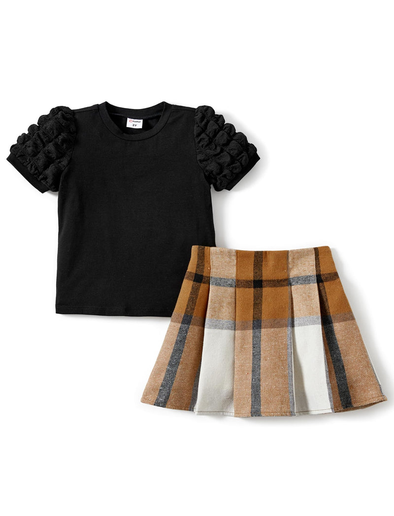 PATPAT Toddler Kids Girls 2 Pieces Skirt Set Short Puff Sleeve Shirt and Plaid Pleated Skirt Set Summer Clothing Sets Outfits for Girls Black 3 Years