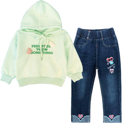 Peacolate 2-7T Spring Fall Summer Little Girls 2pcs Clothing Set Green Hooded T Shirt and Jeans for Kids Baby(Green3-4Years)
