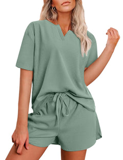 KCLROEO Pajamas for Women Set Waffle Knit Lounge Sets for Women 2 Piece Shorts Cute Cozy Pj Set Loungewear Light Green S