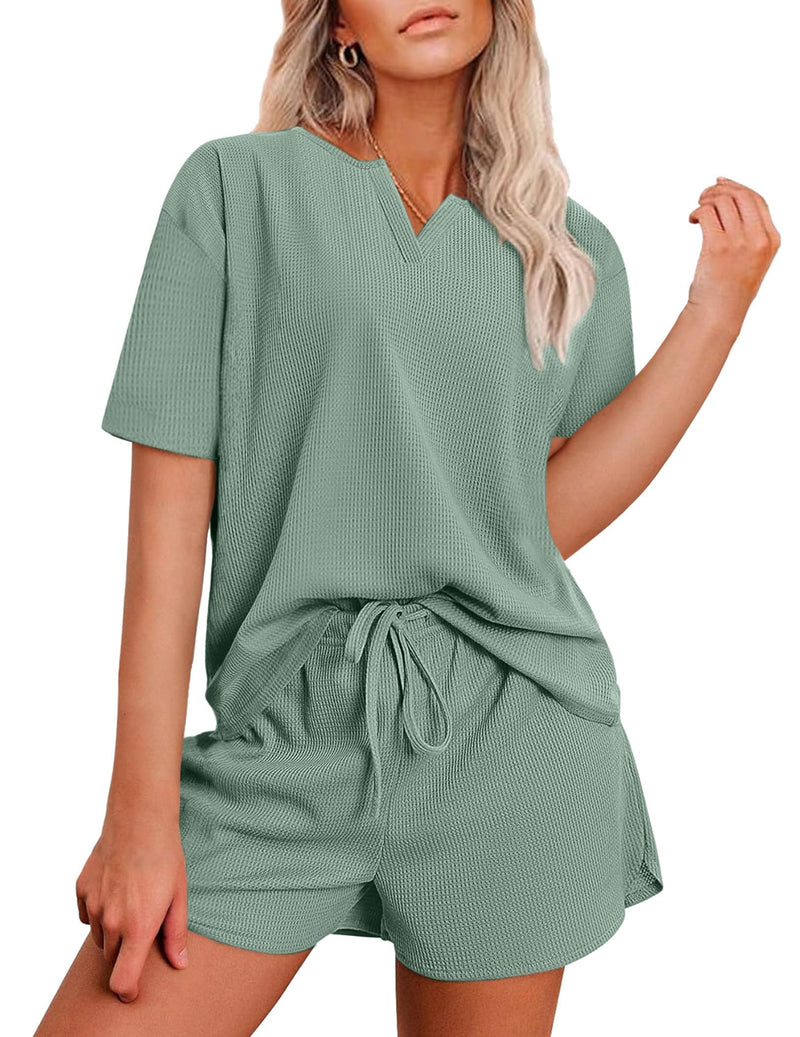 KCLROEO Pajamas for Women Set Waffle Knit Lounge Sets for Women 2 Piece Shorts Cute Cozy Pj Set Loungewear Light Green S